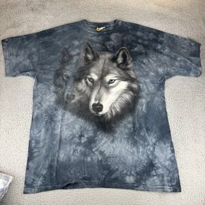 The Mountain Y2K Large Wolf Print Blue Tie Dye T-Shirt‎ Men's 3xl Xxxl